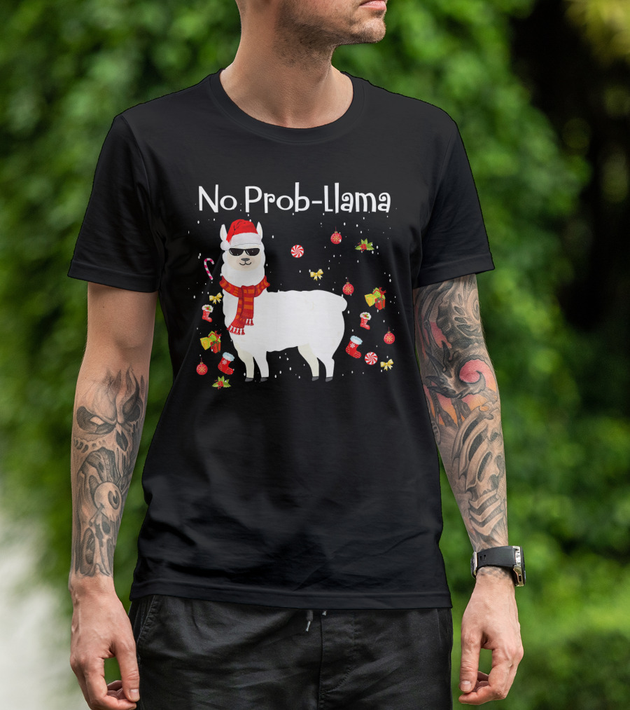 No Prob Llama Christmas Santa Hat Candy Canes Sunglasses Gifts T-Shirt