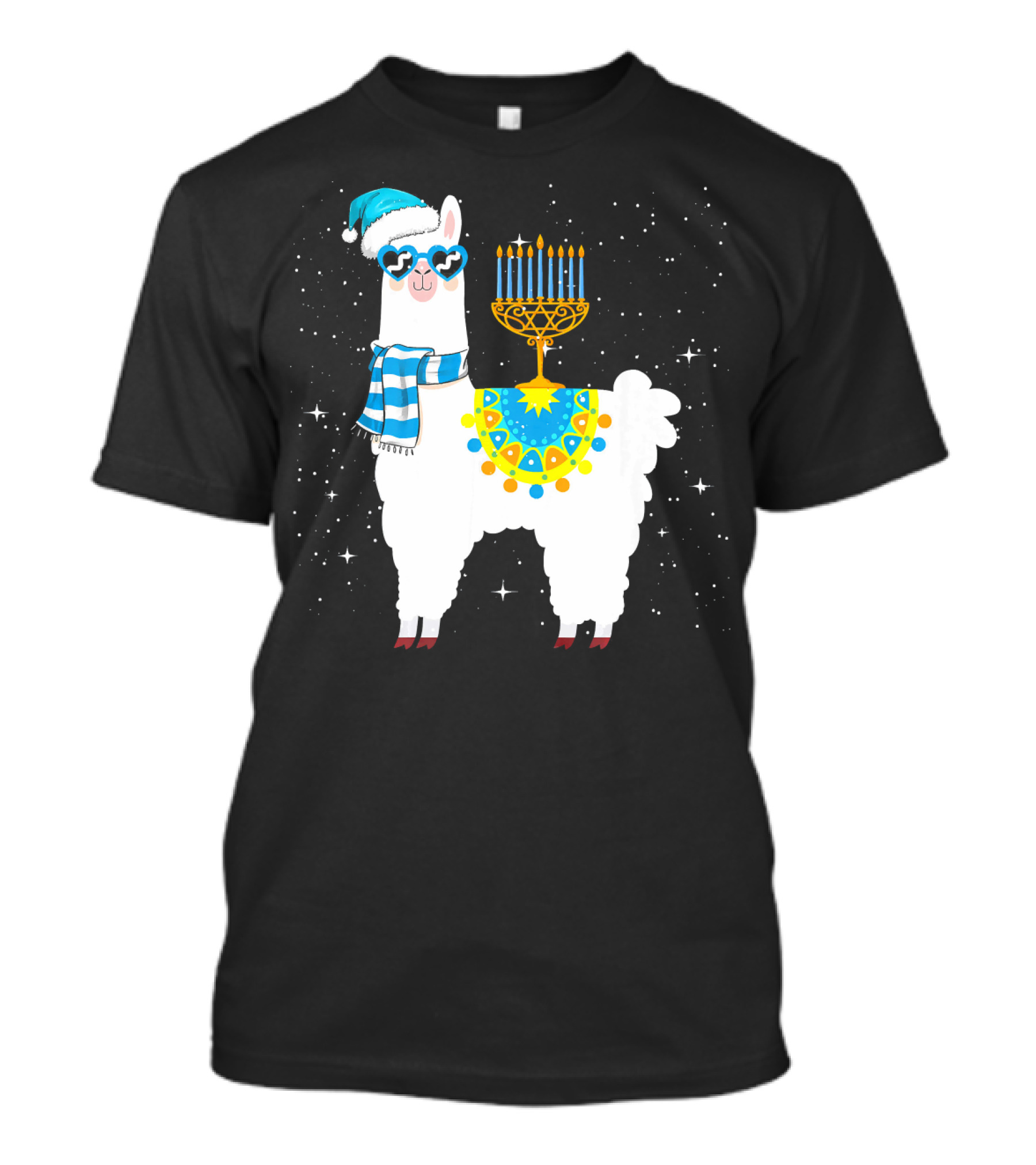 Menorah Hanukkah Llama With Scarf And Hat T-Shirt