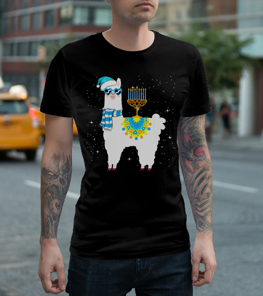 Menorah Hanukkah Llama With Scarf And Hat T-Shirt