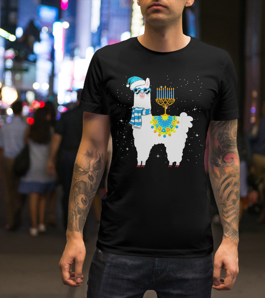 Menorah Hanukkah Llama With Scarf And Hat T-Shirt