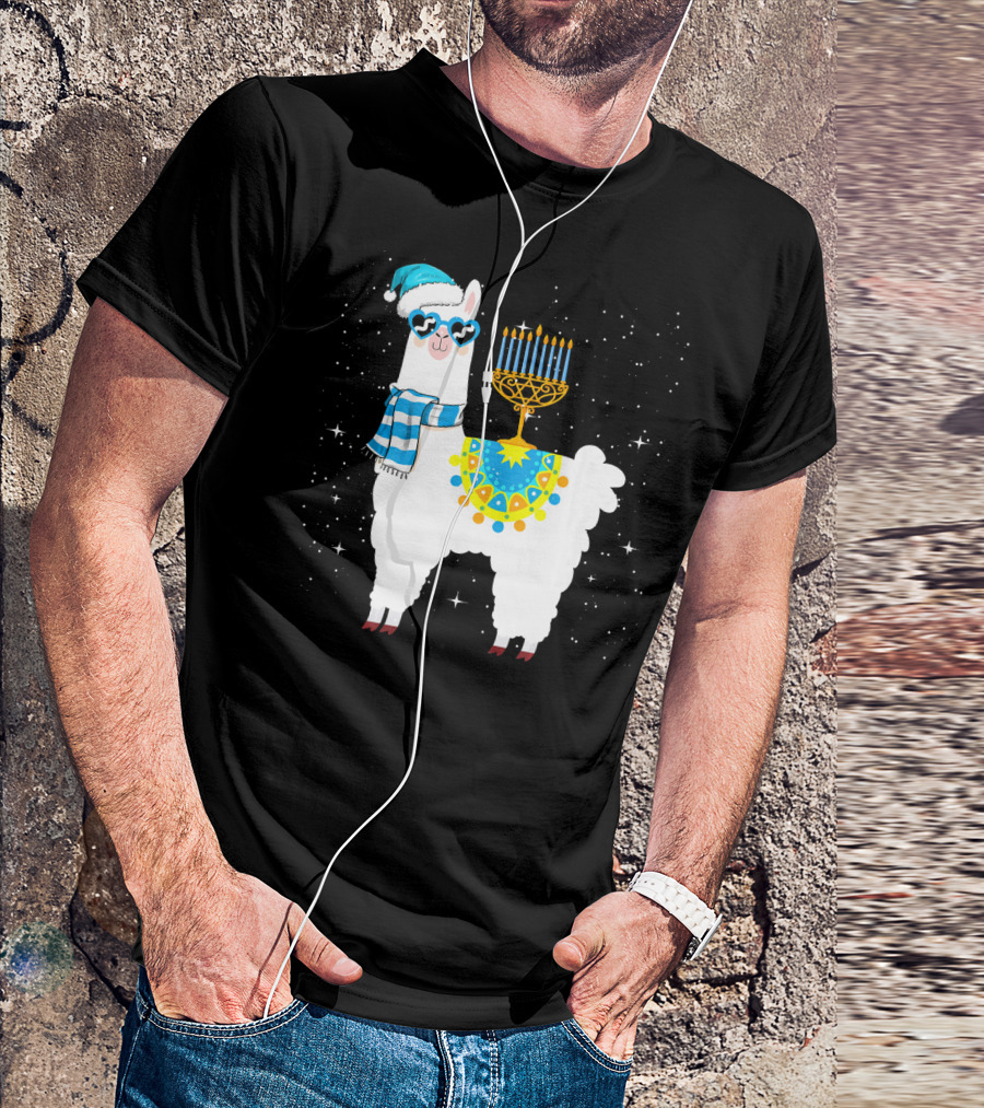 Menorah Hanukkah Llama With Scarf And Hat T-Shirt