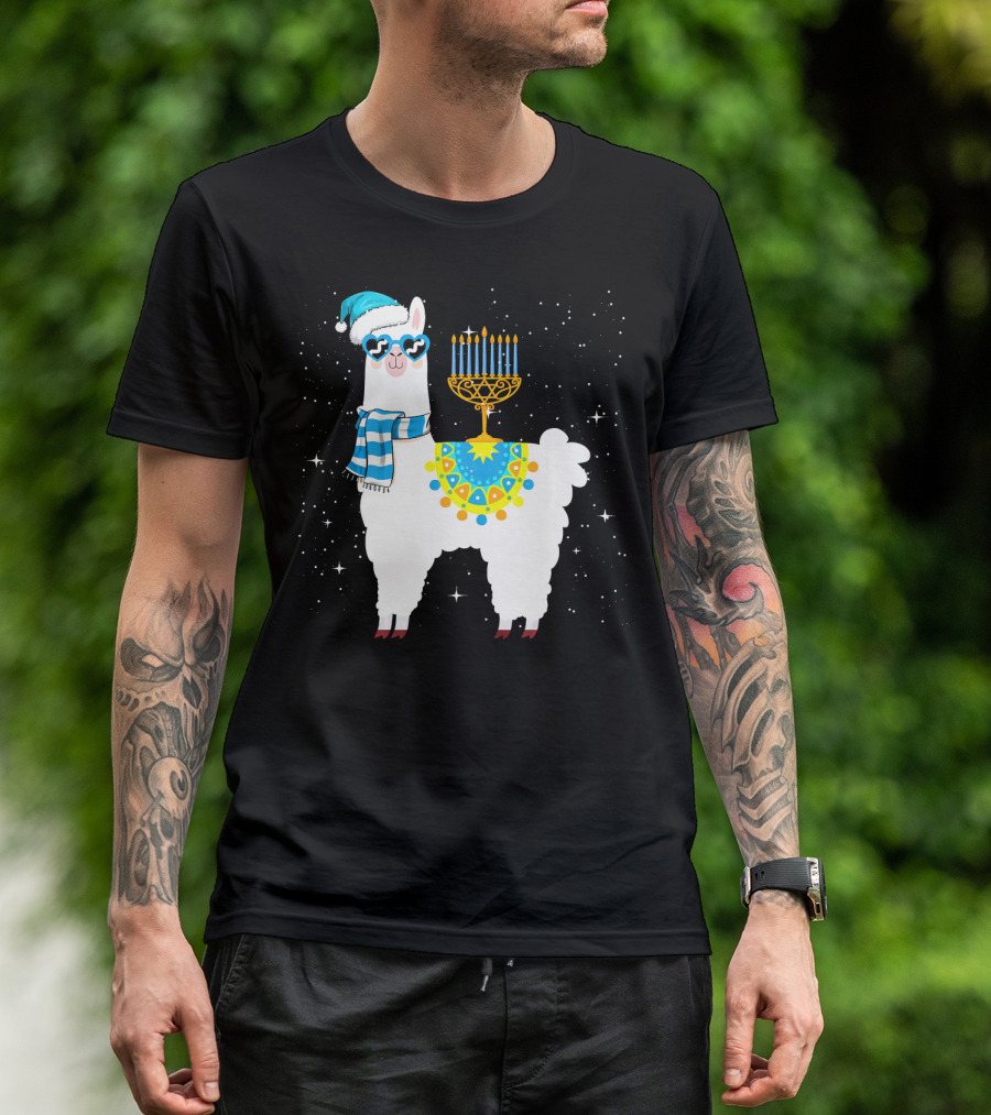 Menorah Hanukkah Llama With Scarf And Hat T-Shirt