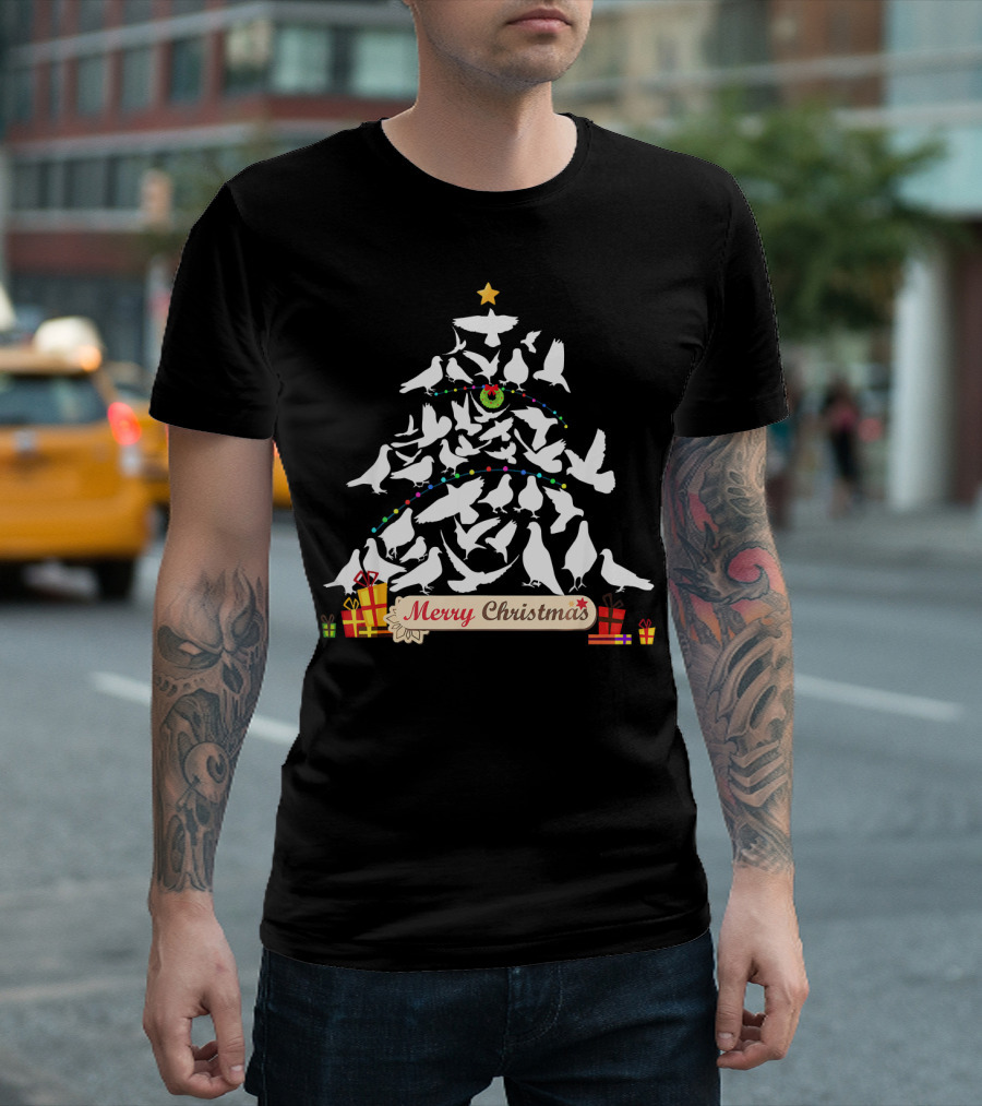 Merry Christmas Pigeon Tree with Presents and Star T-Shirt