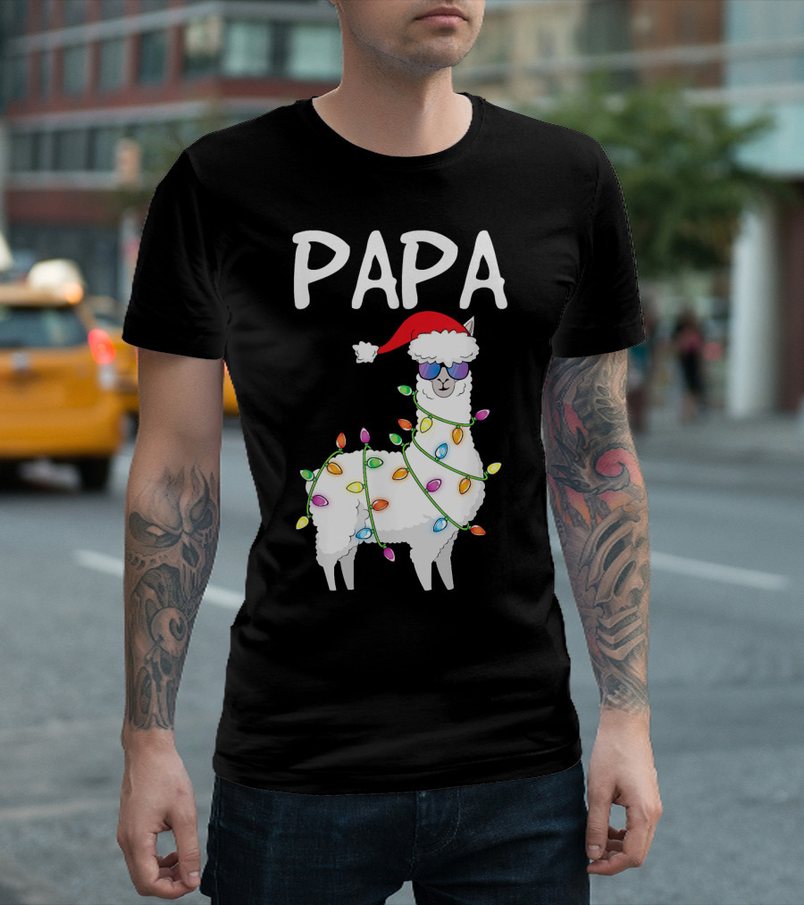 Papa Llama Alpaca Funny Family Christmas Lights Santa Hat T-Shirt