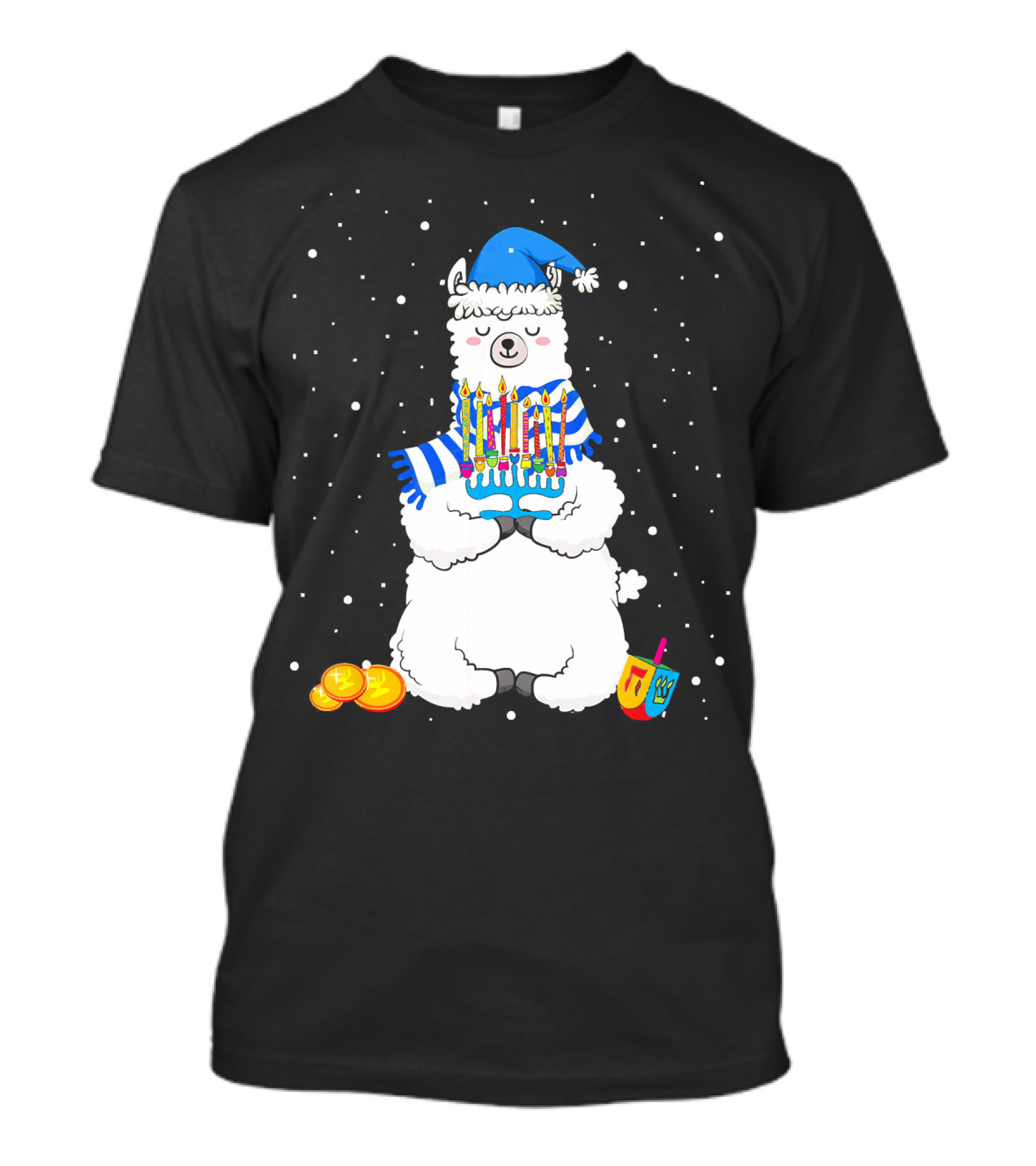Menorah Hanukkah Llama Cute Alpaca With Dreidel And Gelt T-Shirt
