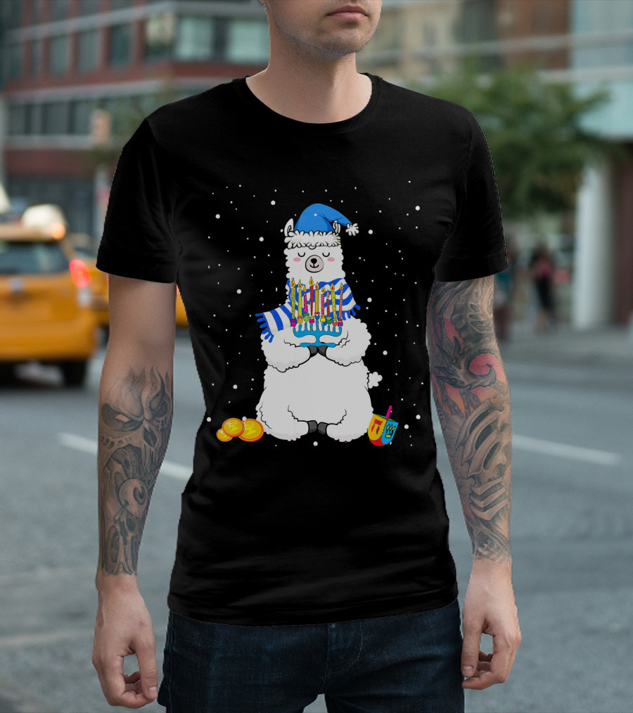 Menorah Hanukkah Llama Cute Alpaca With Dreidel And Gelt T-Shirt