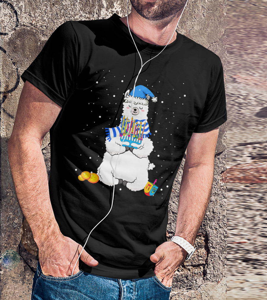 Menorah Hanukkah Llama Cute Alpaca With Dreidel And Gelt T-Shirt