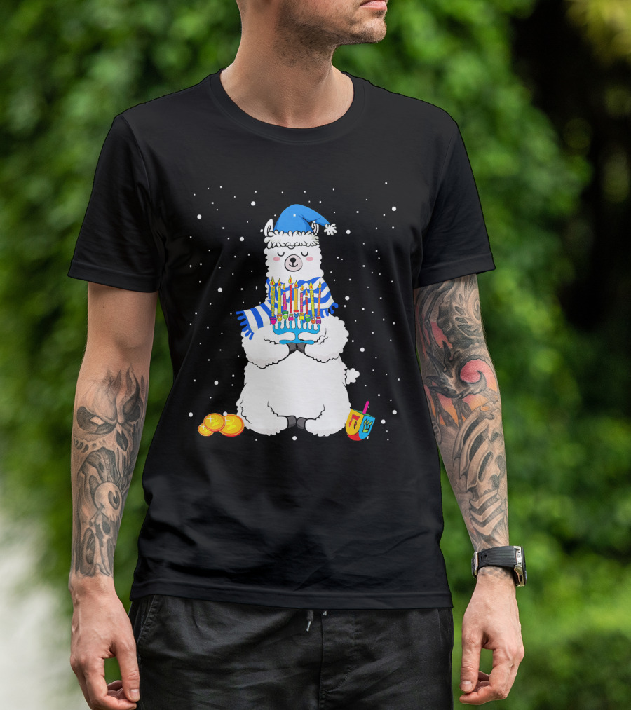 Menorah Hanukkah Llama Cute Alpaca With Dreidel And Gelt T-Shirt