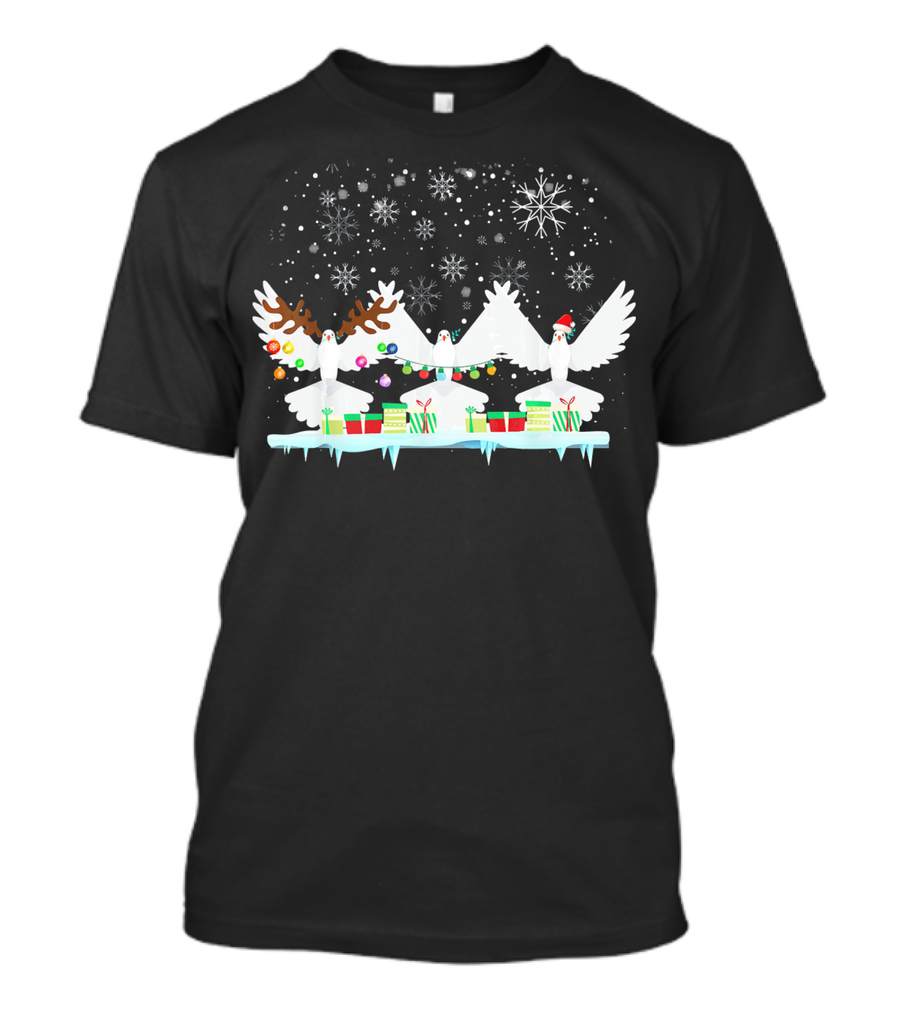 Pigeon Reindeer Antlers Santa Hat Christmas Lights Snowflakes T-Shirt