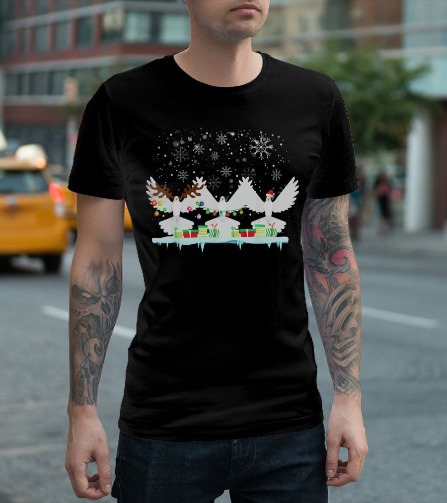 Pigeon Reindeer Antlers Santa Hat Christmas Lights Snowflakes T-Shirt