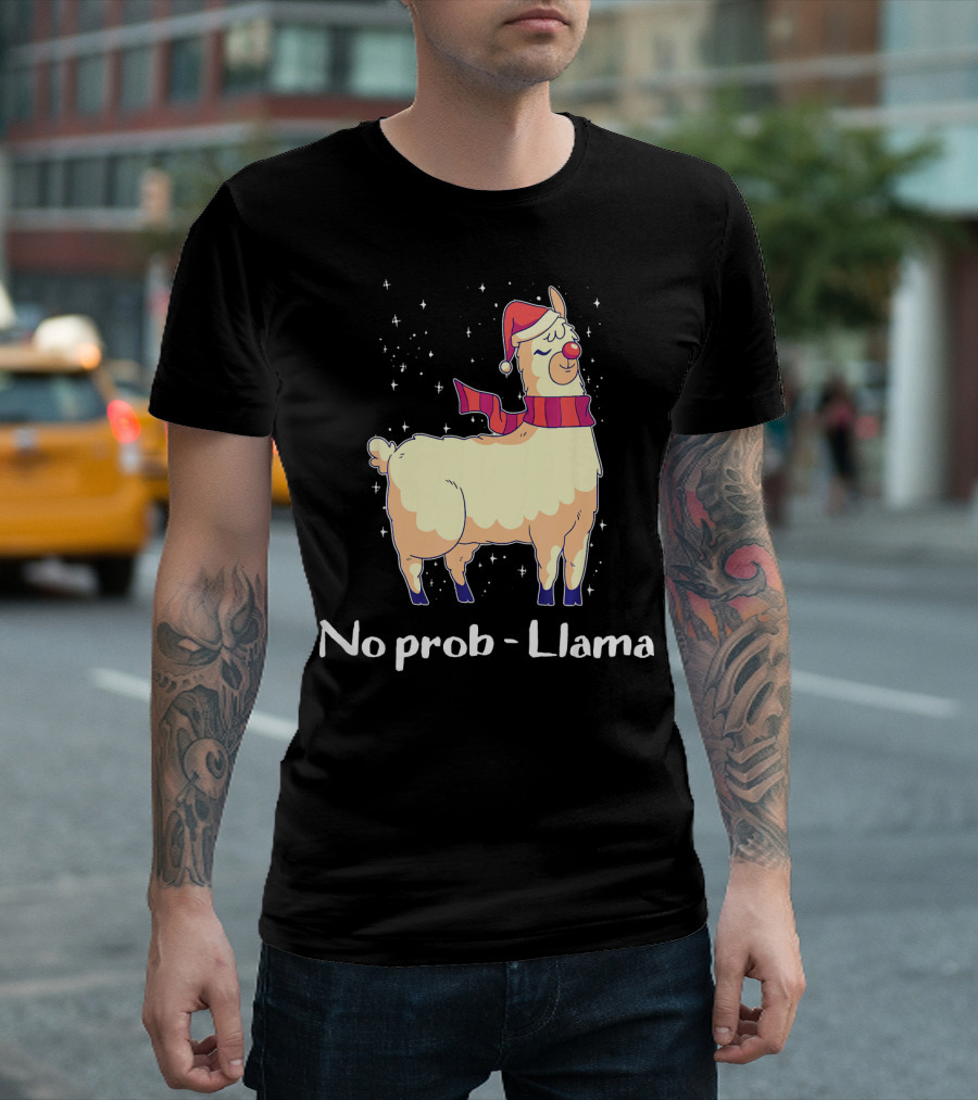 No Prob Llama Cute Llama and Alpaca Lover Festive Santa Hat Snowflakes T-Shirt