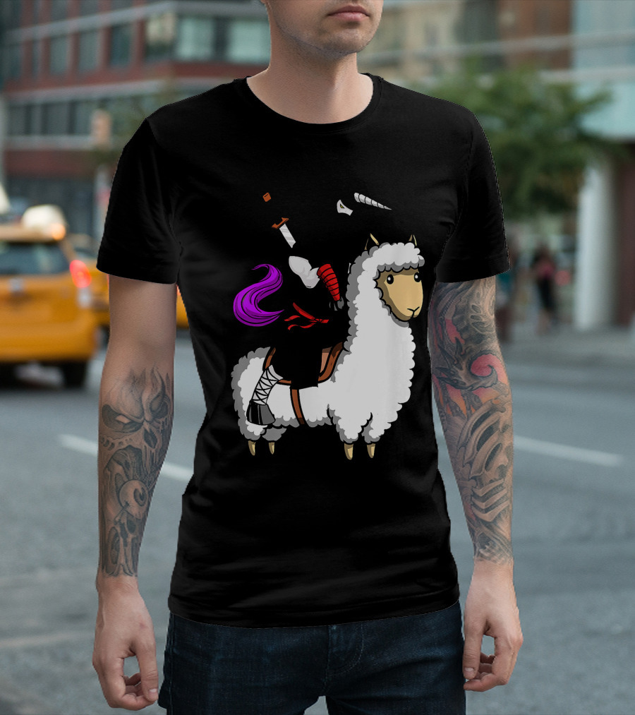 Unicorn Ninja Samurai with Llama Adventure T-Shirt