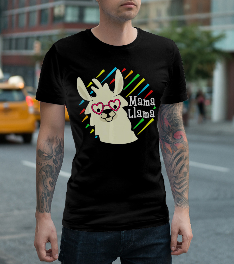 Mama Llama Heart Glasses Rainbow Stripes Cute Alpaca T-Shirt