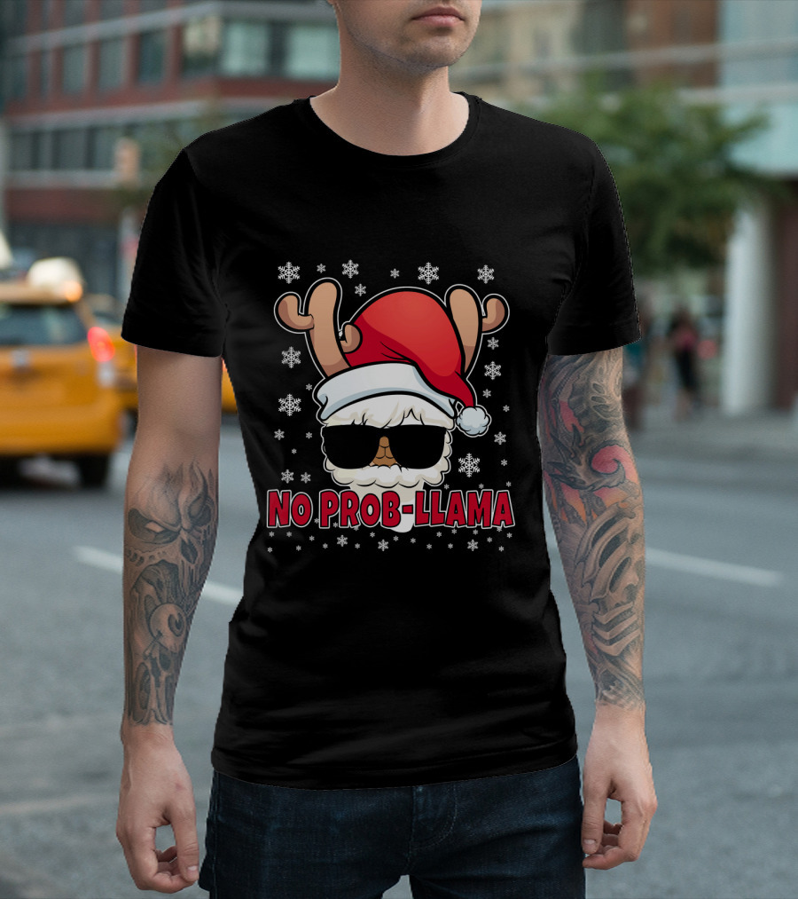 No Prob-Llama Christmas Santa Hat Snowflakes T-Shirt
