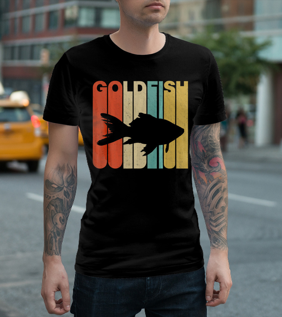 Vintage Retro Goldfish Silhouette Multicolor Stripes T-Shirt