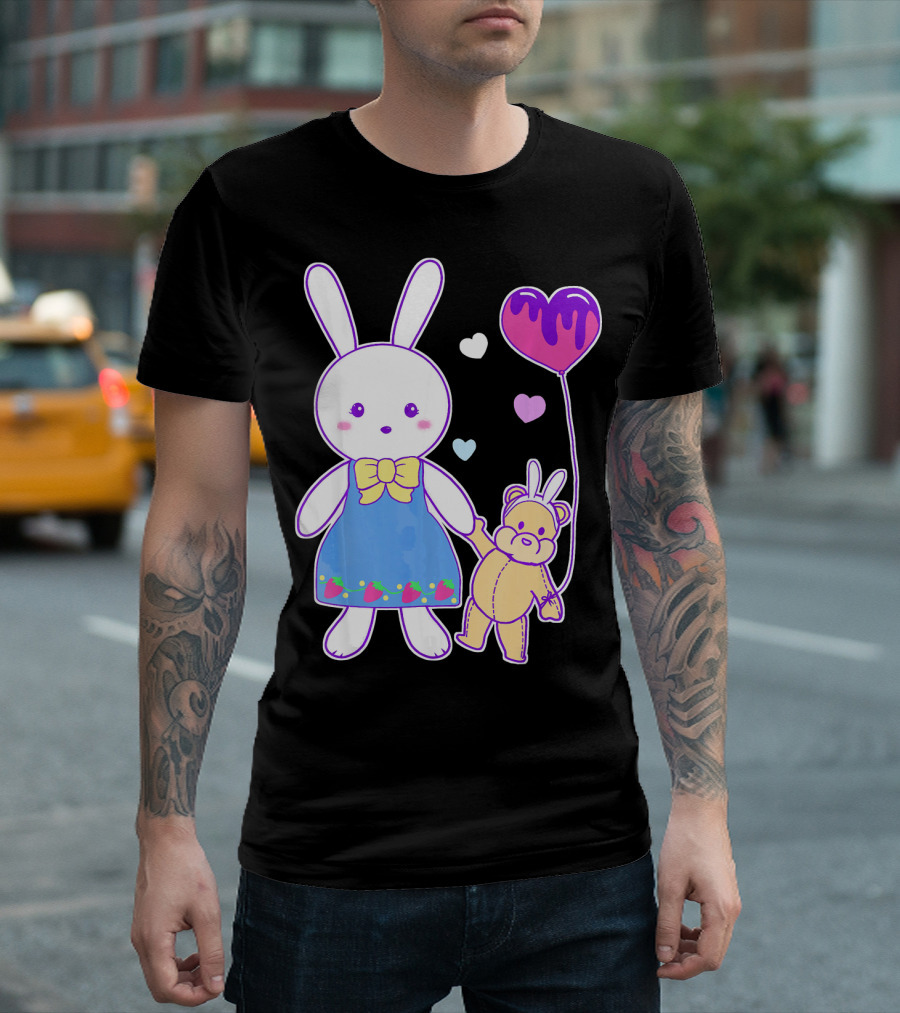 Yume Kawaii Bunny in Strawberry Dress with Teddy Bear and Heart Balloon T-Shirt