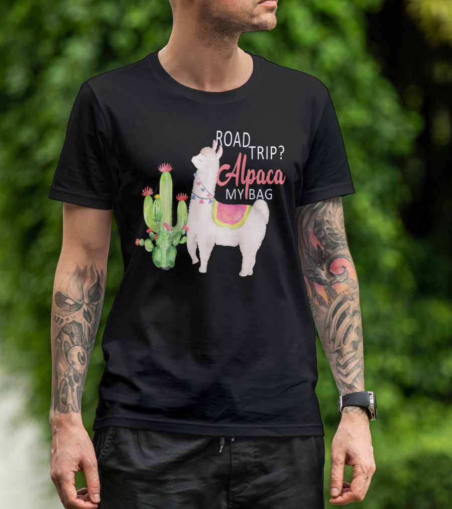 Road Trip Alpaca My Bag Watercolor Cacti Llama T-Shirt
