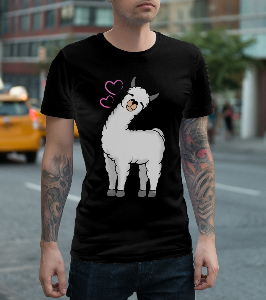 White Llama Alpaca With Pink Love Hearts T-Shirt