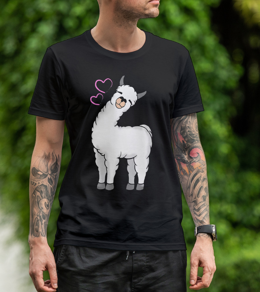 White Llama Alpaca With Pink Love Hearts T-Shirt