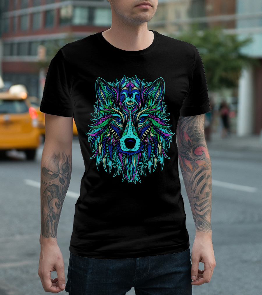 Colorful Tribal Wolf Head Vibrant Artful T-Shirt