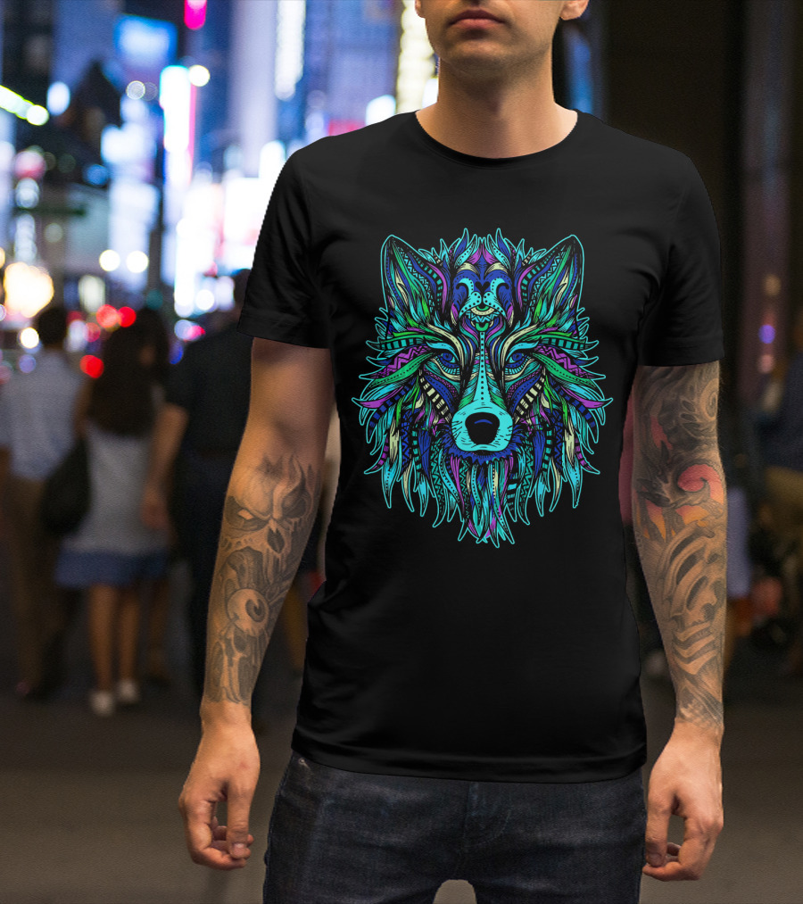 Colorful Tribal Wolf Head Vibrant Artful T-Shirt