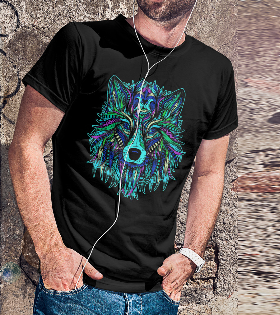 Colorful Tribal Wolf Head Vibrant Artful T-Shirt