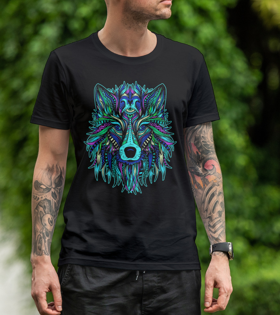 Colorful Tribal Wolf Head Vibrant Artful T-Shirt