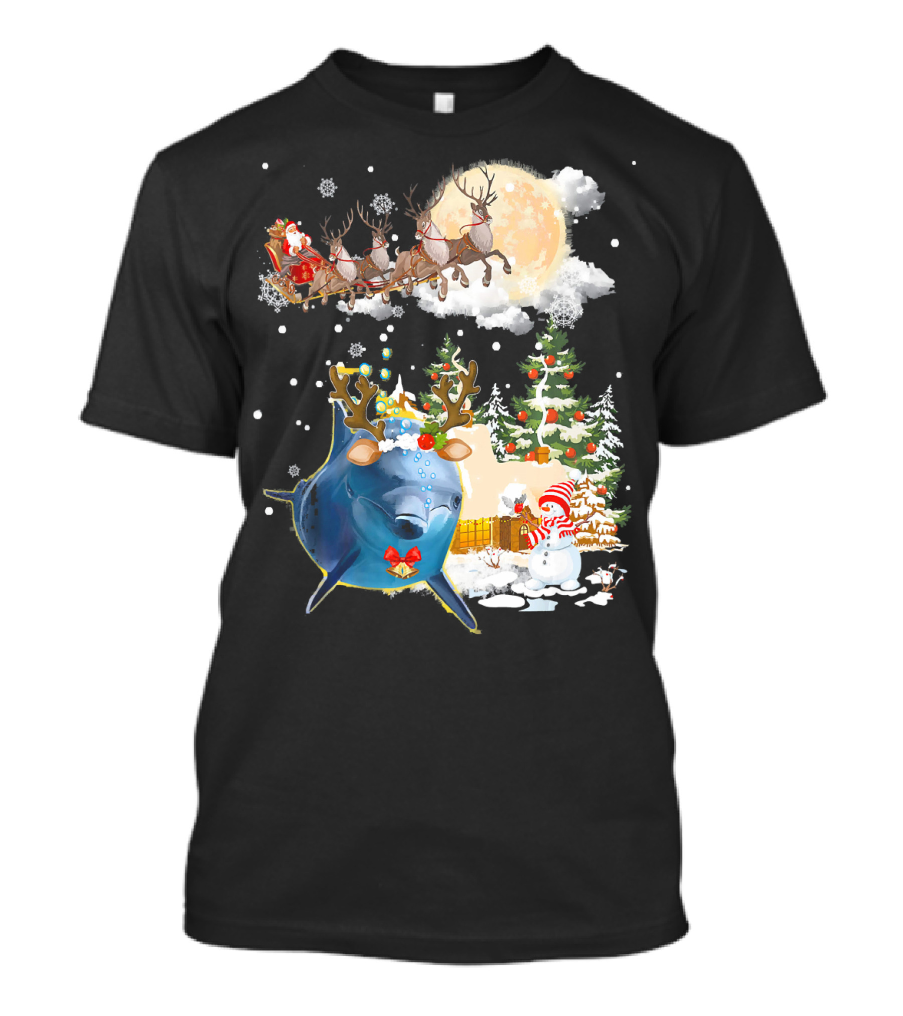 Santa's Sleigh Ride With Reindeer Amidst Christmas Trees And Snowman Accompanied By Festive Dolphin T-Shirt