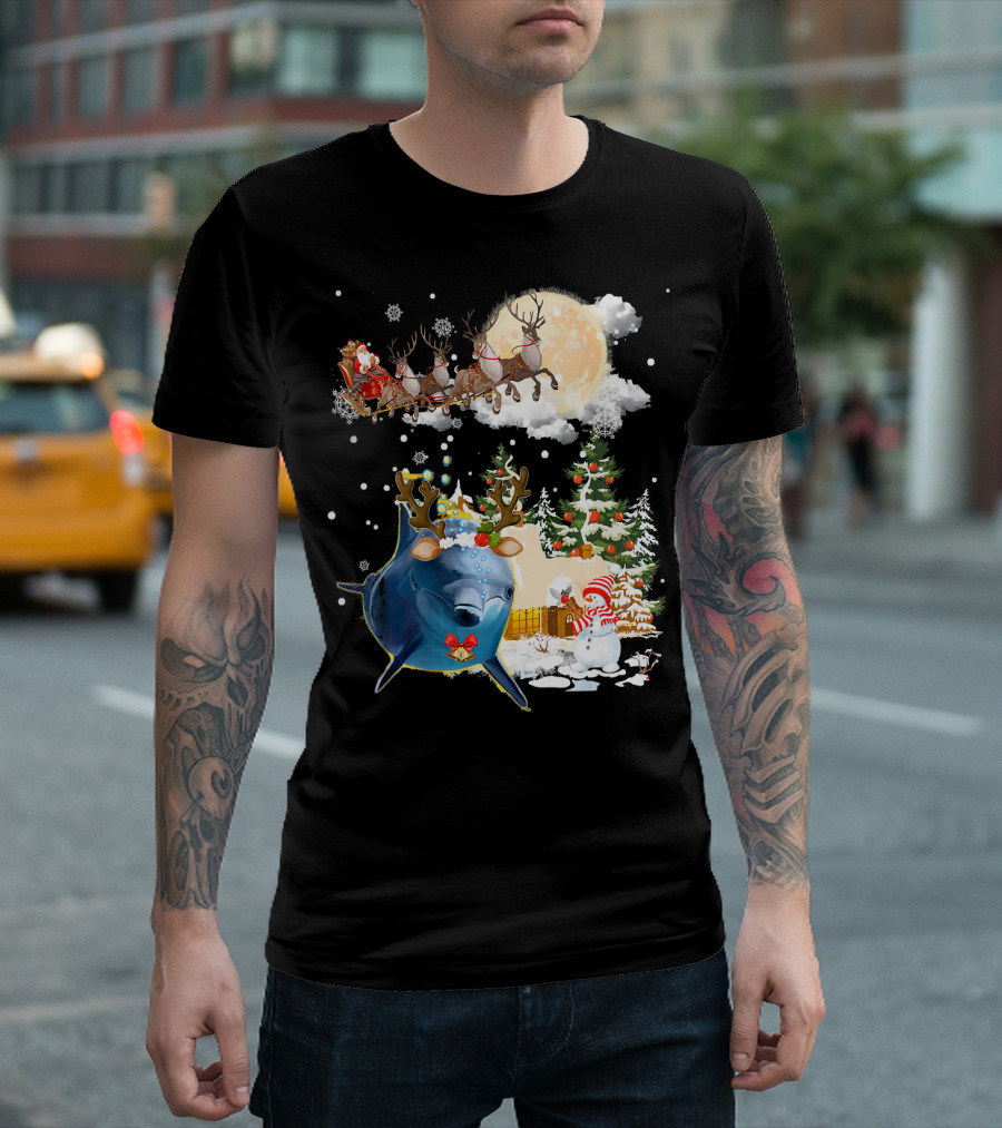 Santa's Sleigh Ride With Reindeer Amidst Christmas Trees And Snowman Accompanied By Festive Dolphin T-Shirt