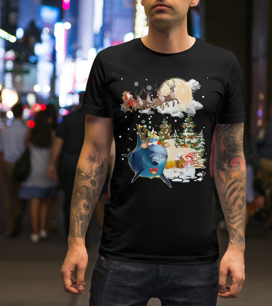 Santa's Sleigh Ride With Reindeer Amidst Christmas Trees And Snowman Accompanied By Festive Dolphin T-Shirt