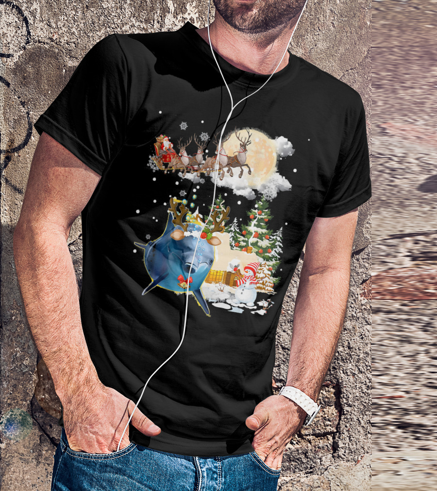Santa's Sleigh Ride With Reindeer Amidst Christmas Trees And Snowman Accompanied By Festive Dolphin T-Shirt