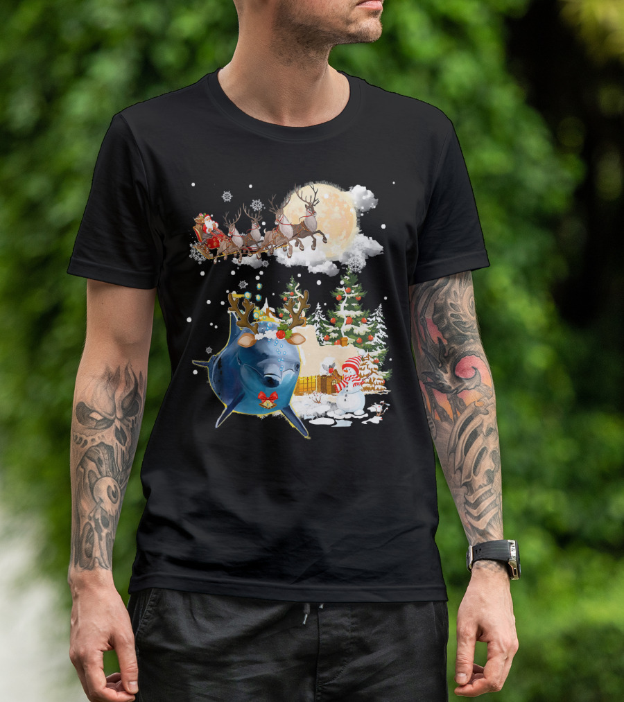 Santa's Sleigh Ride With Reindeer Amidst Christmas Trees And Snowman Accompanied By Festive Dolphin T-Shirt