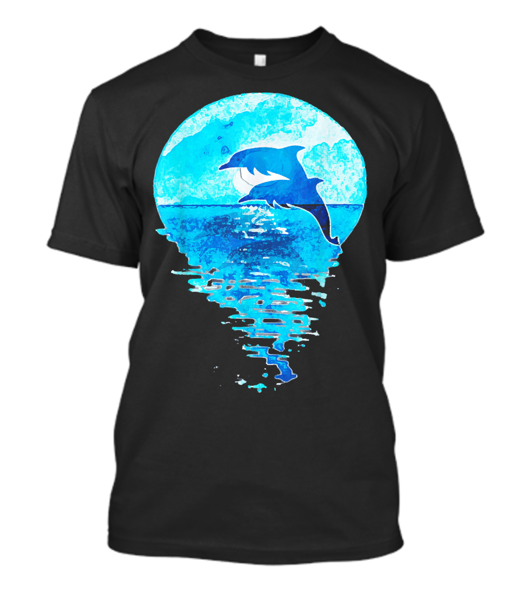 Blue Watercolor Jumping Dolphins Ocean Moon Reflection T-Shirt