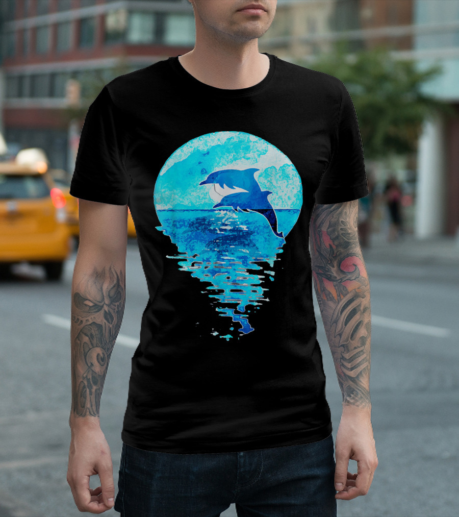Blue Watercolor Jumping Dolphins Ocean Moon Reflection T-Shirt