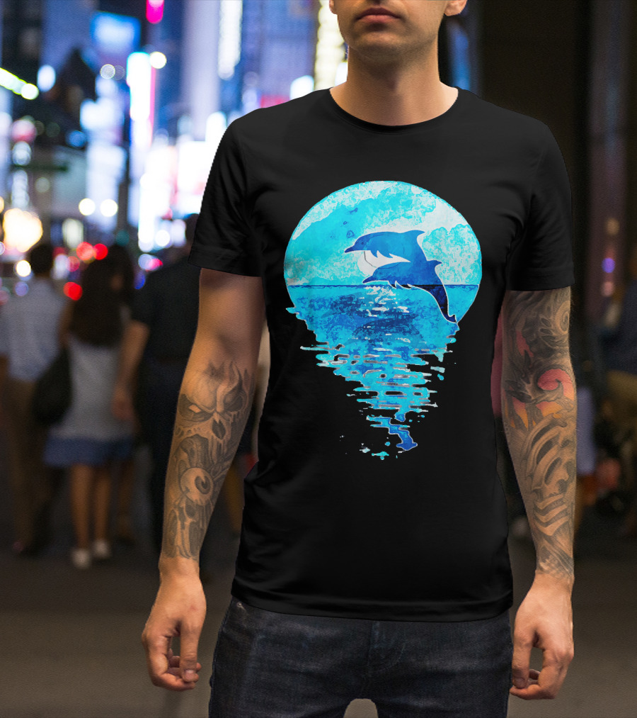 Blue Watercolor Jumping Dolphins Ocean Moon Reflection T-Shirt