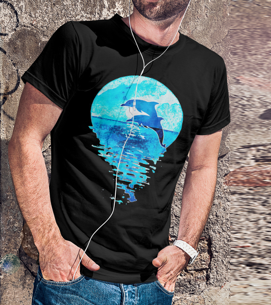 Blue Watercolor Jumping Dolphins Ocean Moon Reflection T-Shirt