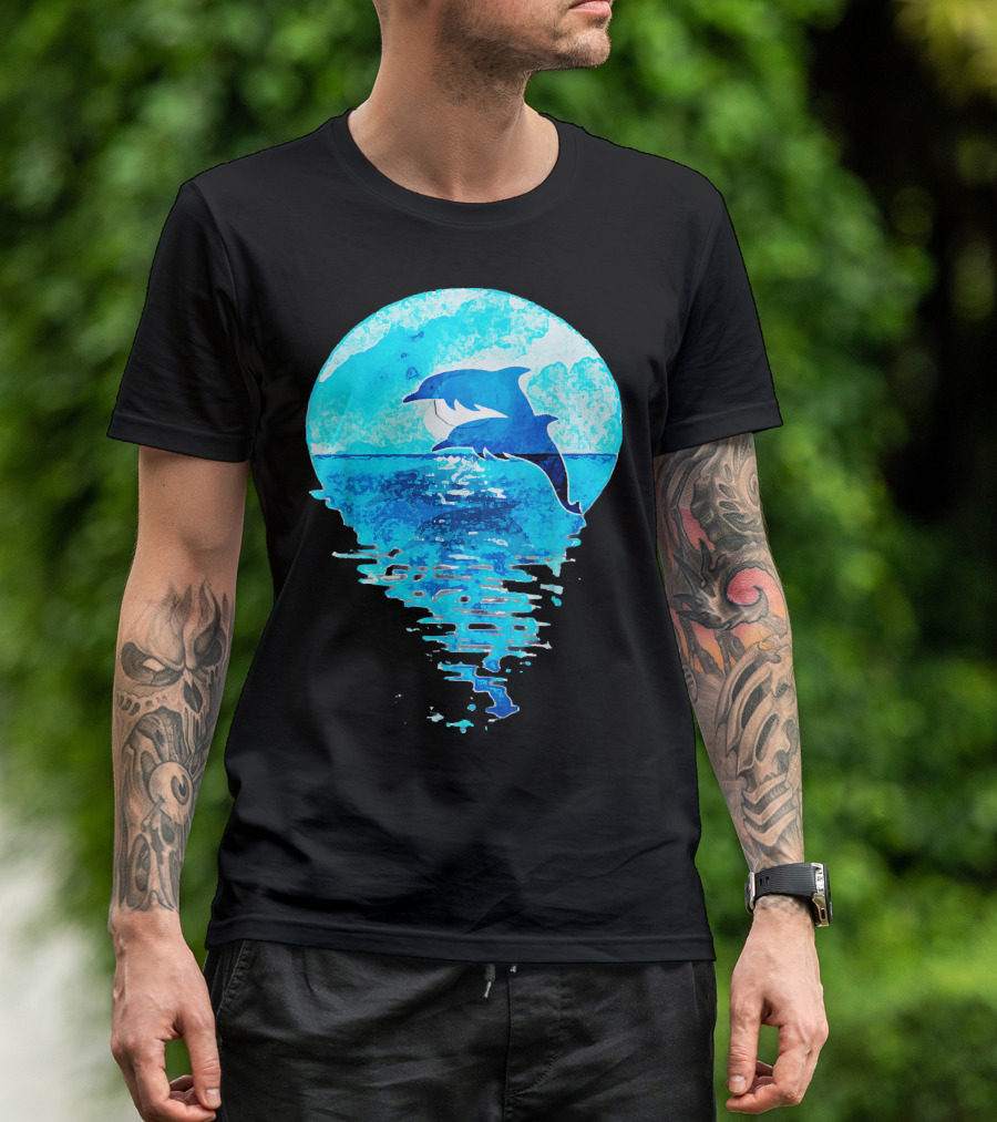 Blue Watercolor Jumping Dolphins Ocean Moon Reflection T-Shirt