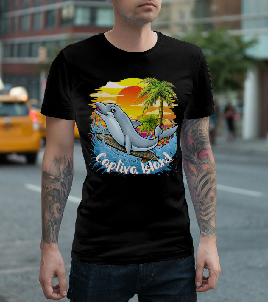 Captiva Island Florida Spring Dolphin Palm Sunset Ocean Scene T-Shirt