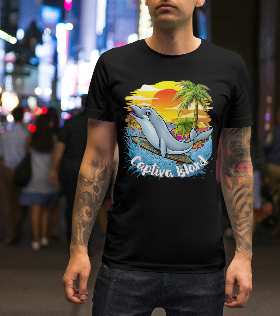 Captiva Island Florida Spring Dolphin Palm Sunset Ocean Scene T-Shirt