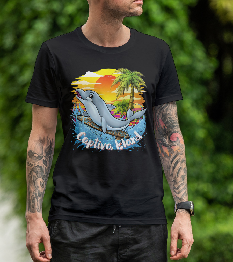 Captiva Island Florida Spring Dolphin Palm Sunset Ocean Scene T-Shirt