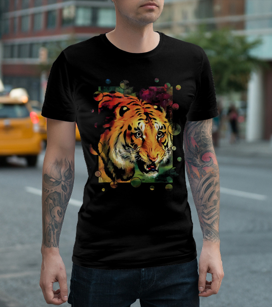Bengal Tiger Vector In Vibrant Colors With Artistic Border T-Shirt