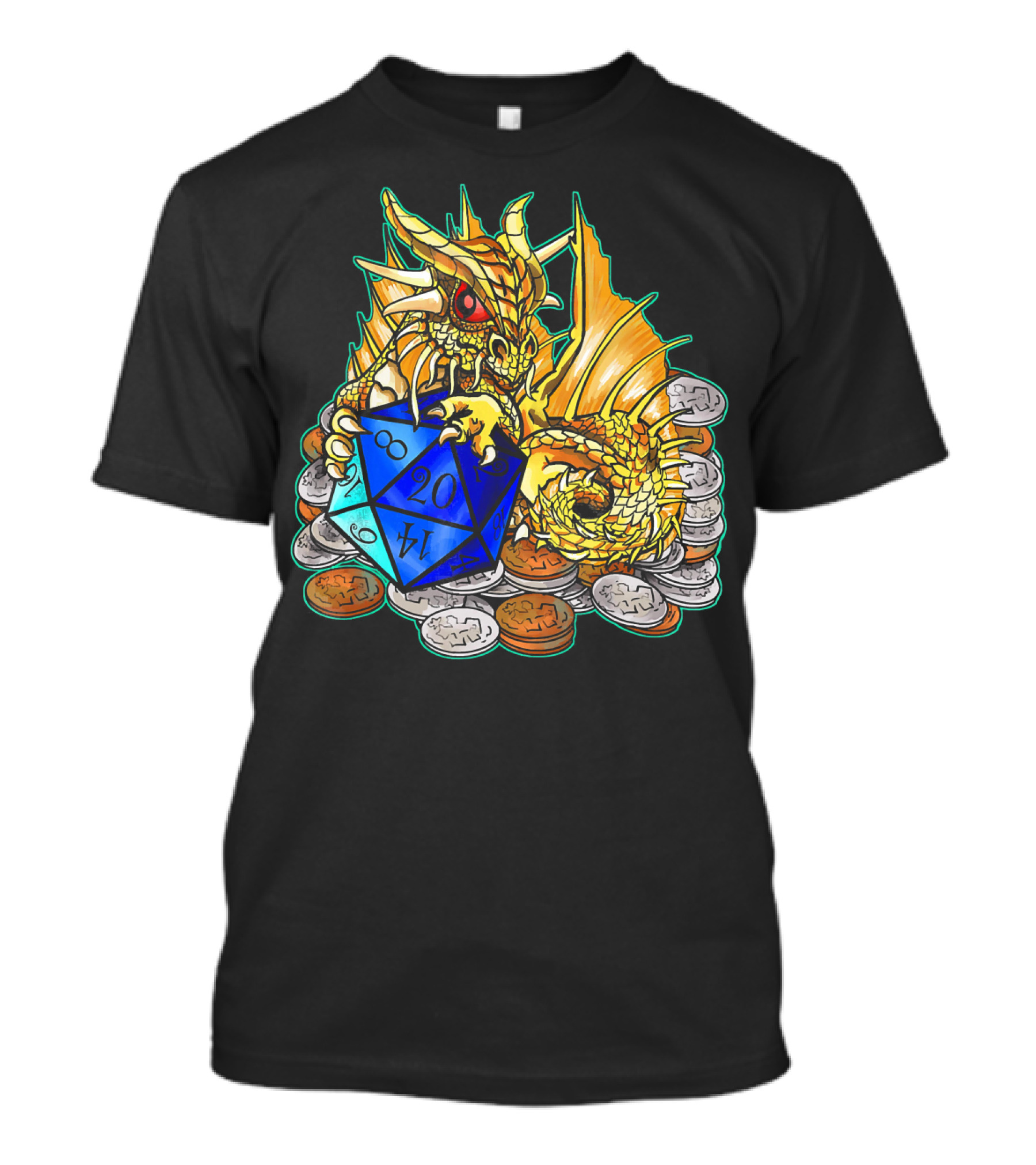 Baby Gold Dragon With D20 Dice And Coin Hoard T-Shirt