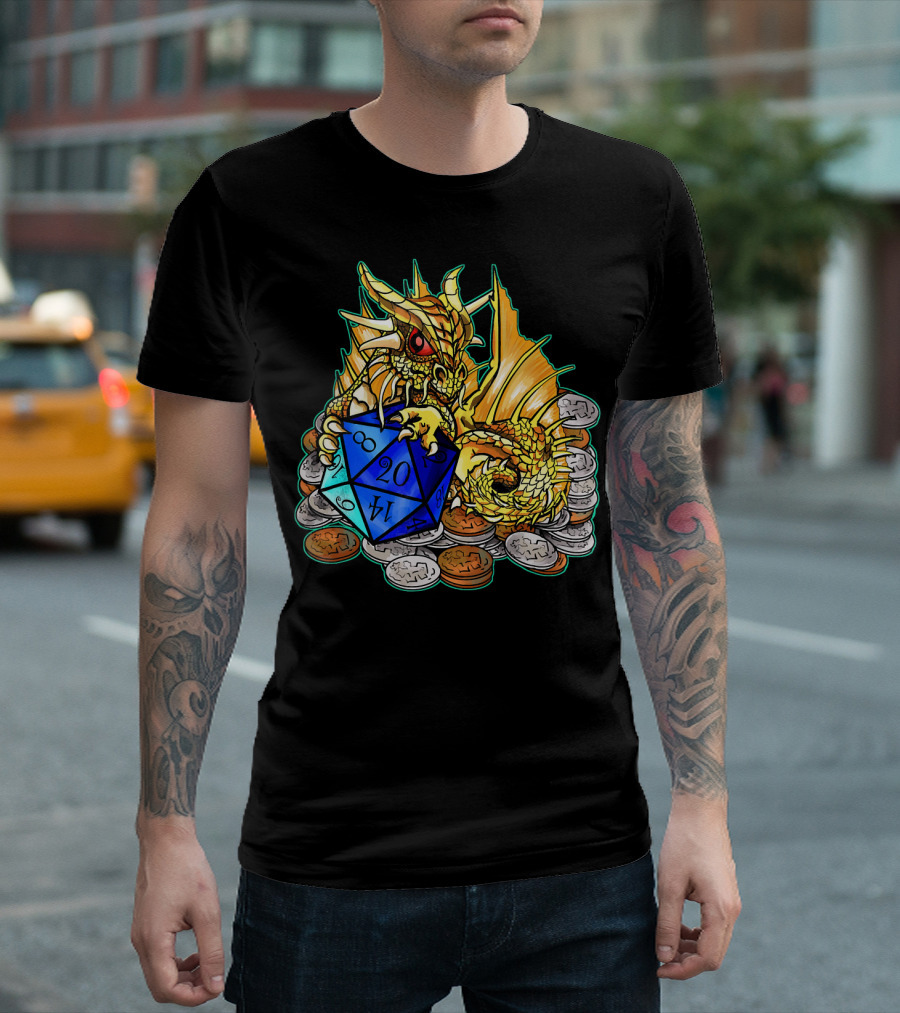 Baby Gold Dragon With D20 Dice And Coin Hoard T-Shirt