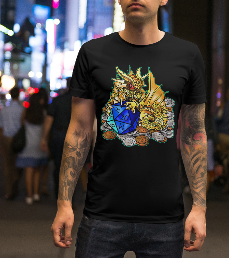 Baby Gold Dragon With D20 Dice And Coin Hoard T-Shirt