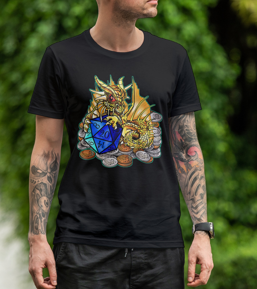 Baby Gold Dragon With D20 Dice And Coin Hoard T-Shirt