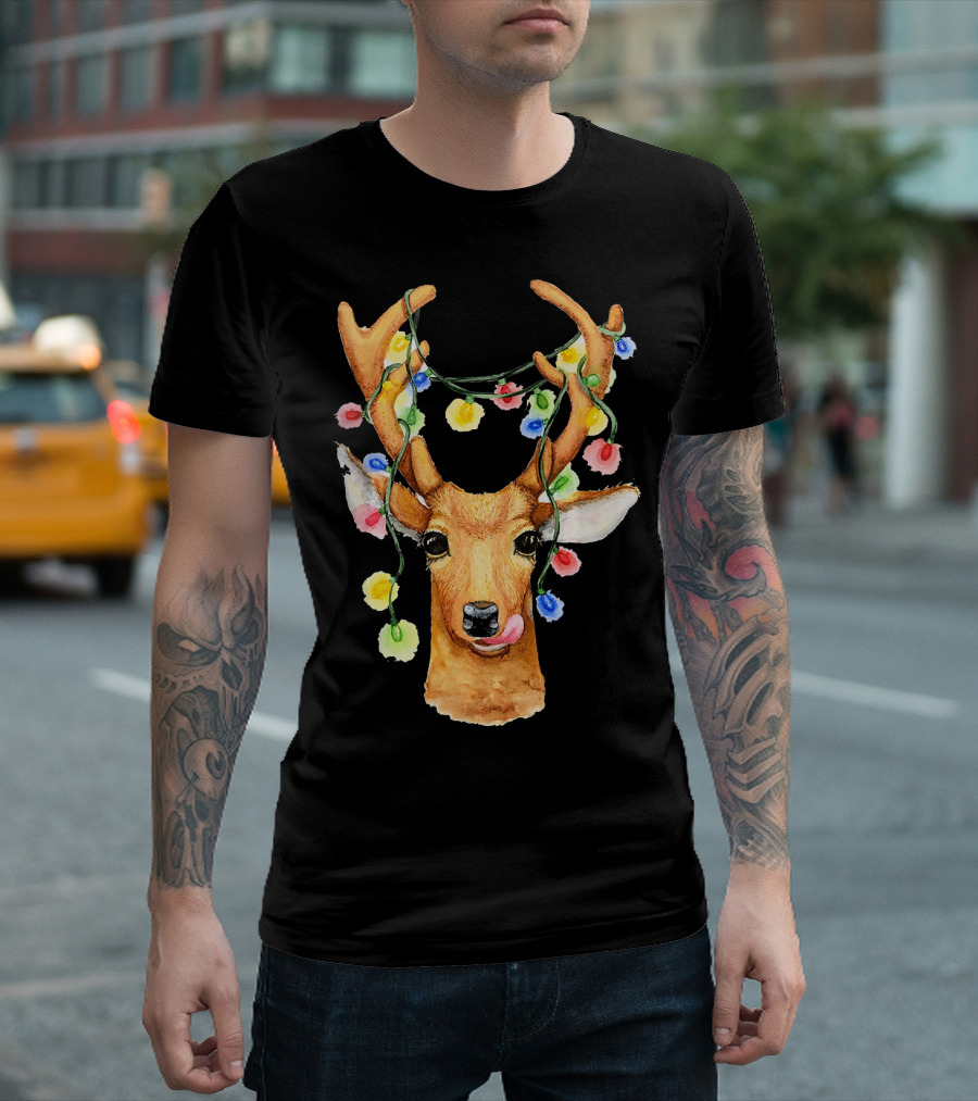 Deer Reindeer Christmas Light Humor String Multicolor Holiday Antlers T-Shirt