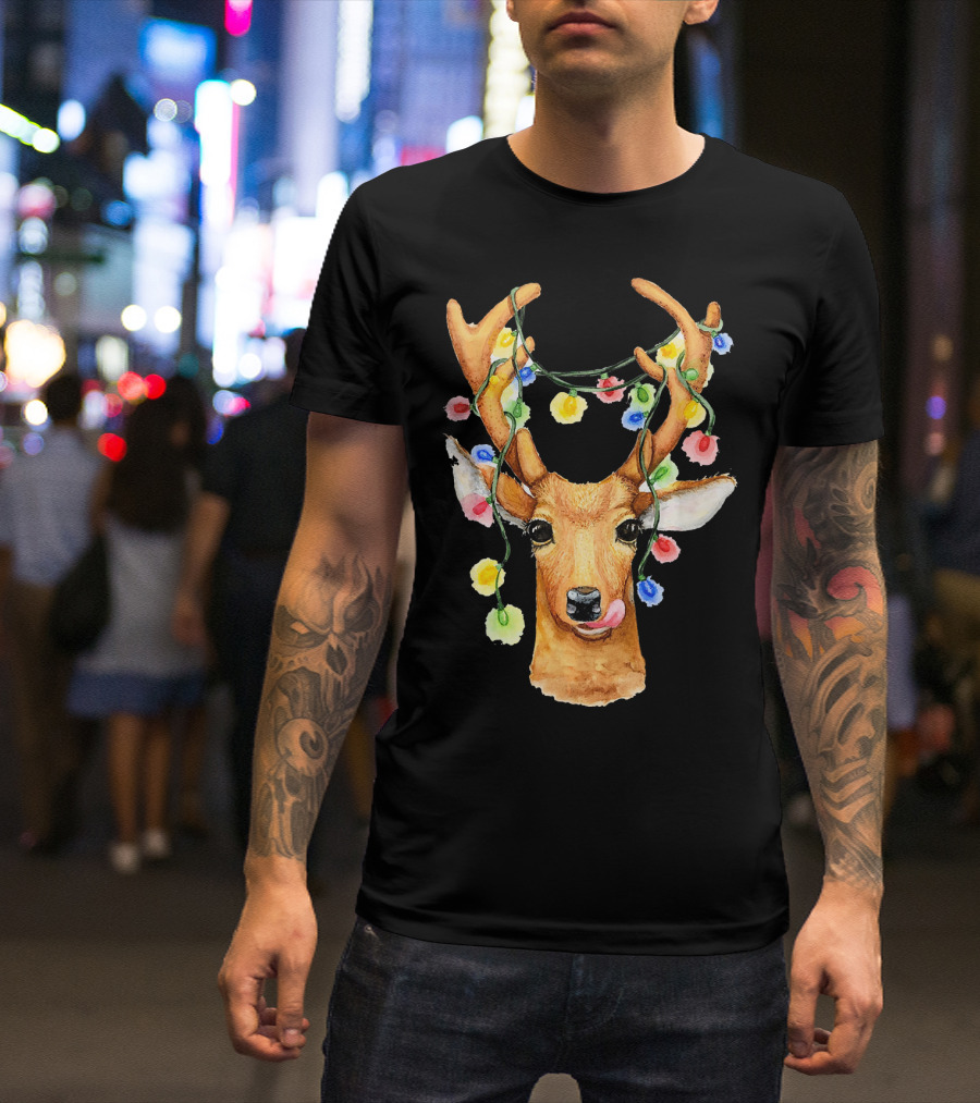 Deer Reindeer Christmas Light Humor String Multicolor Holiday Antlers T-Shirt