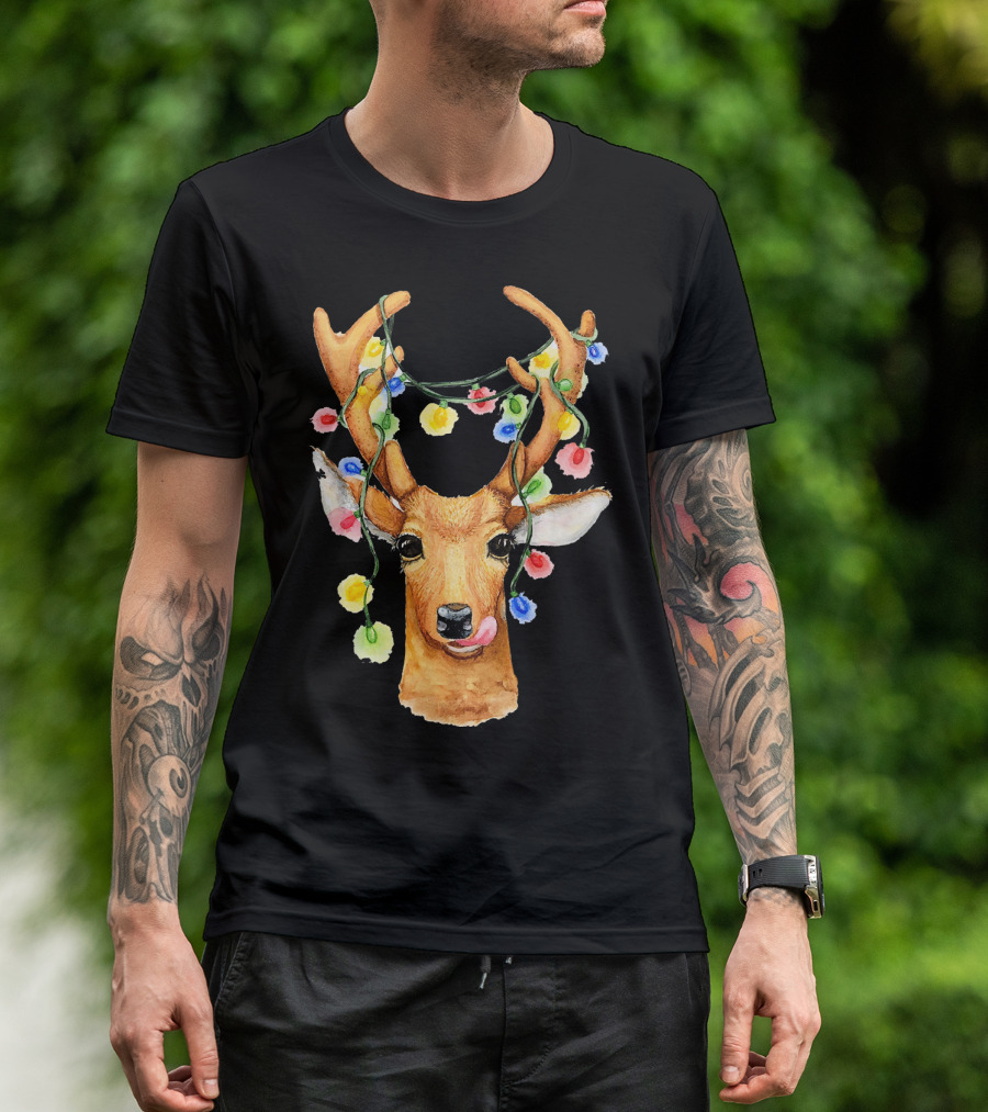 Deer Reindeer Christmas Light Humor String Multicolor Holiday Antlers T-Shirt
