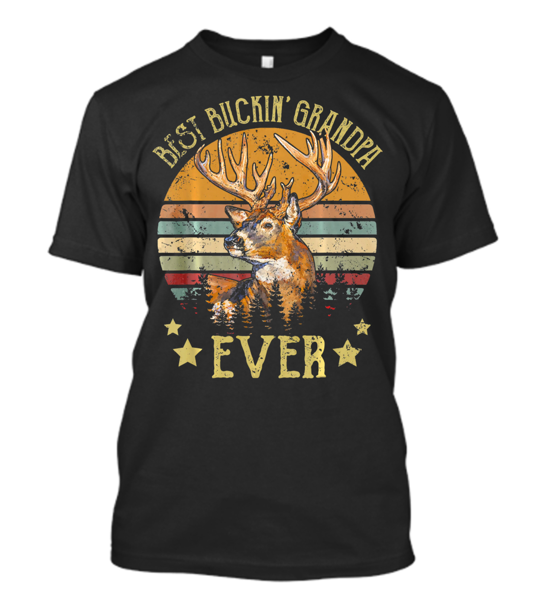 Best Buckin' Grandpa Ever Vintage Deer Sunset Retro Stripes T-Shirt