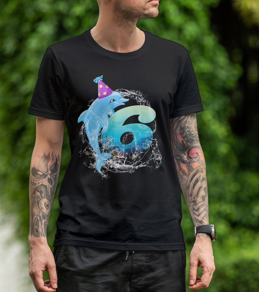 6 Years Old 6th Bday Cute Dolphin Party Hat Splash T-Shirt